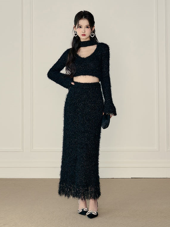 V-Ausschnitt Short Strick & Fransenrock