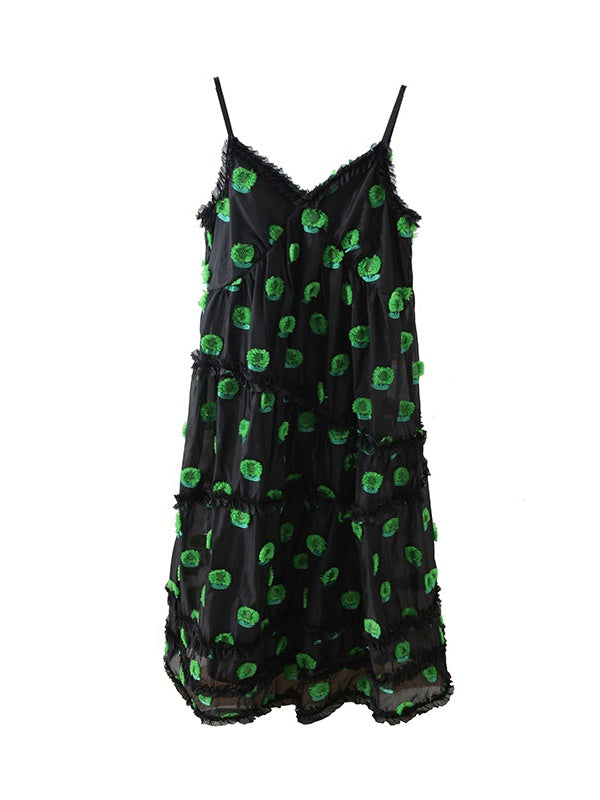 태양 꽃 V 넥 레이스 서스펜더 푹신한 드레스