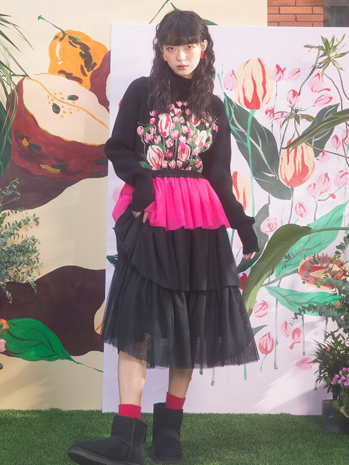 Tulip Pattern Half Turtreneck Loose Sweater