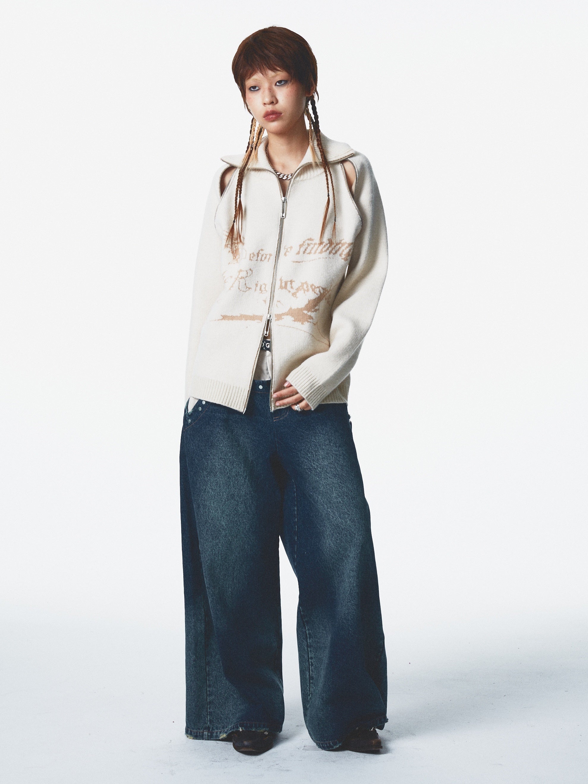 Ultra-high Collar Double Zipper Hole Sweater Jacket