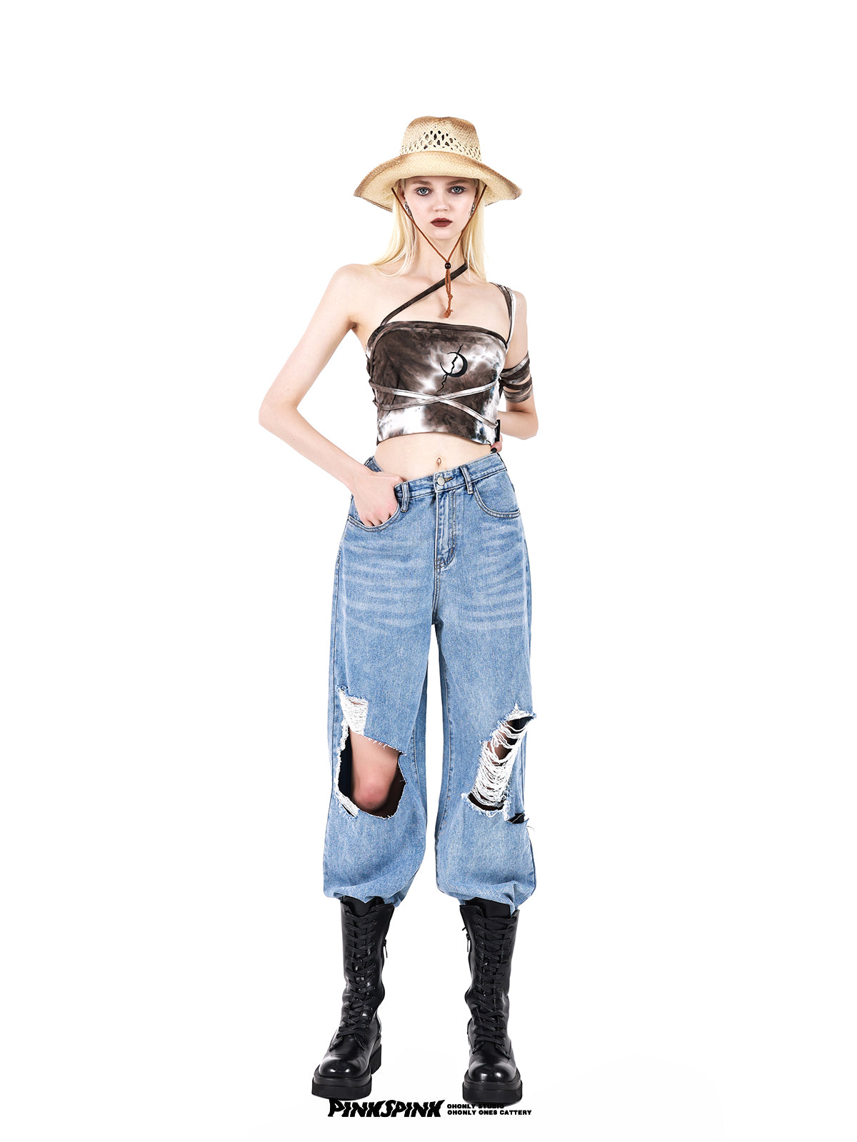 펑크 문 타이 염색 니치 스트라이프 튜브 탑