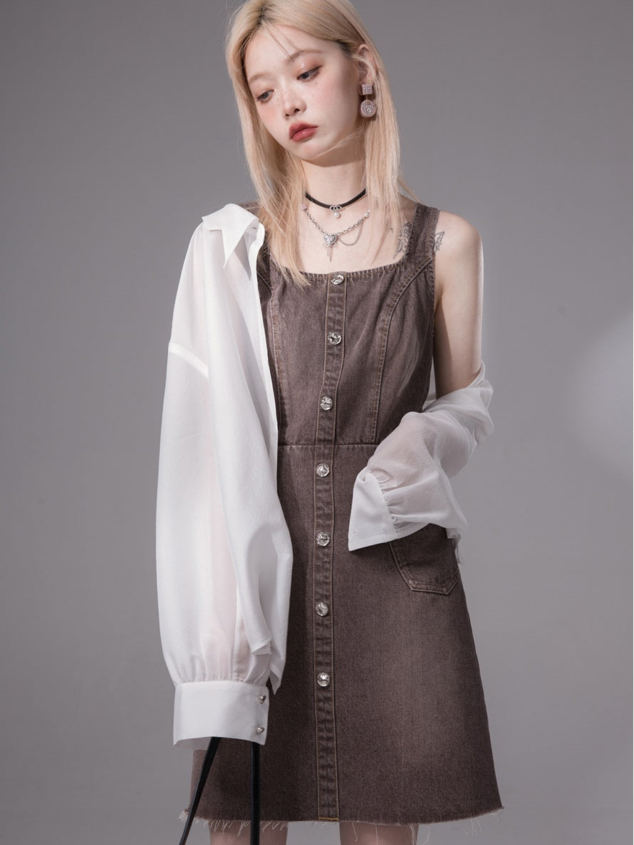 Suspender One-piece & Off-Shoulder T-shirt Set-up