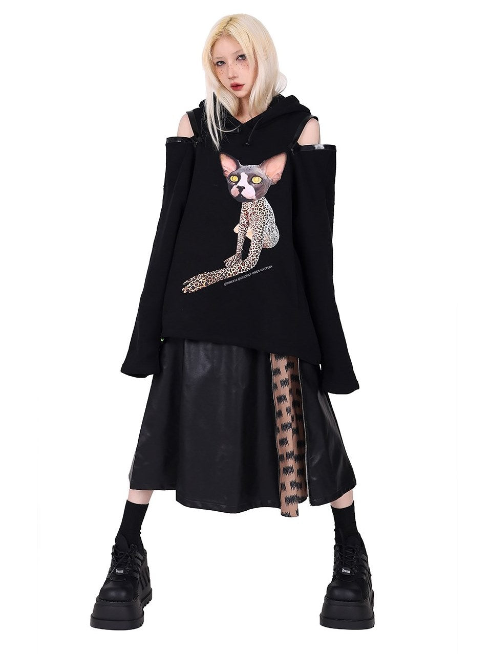 Zipper Contrast Color Leather Skirt