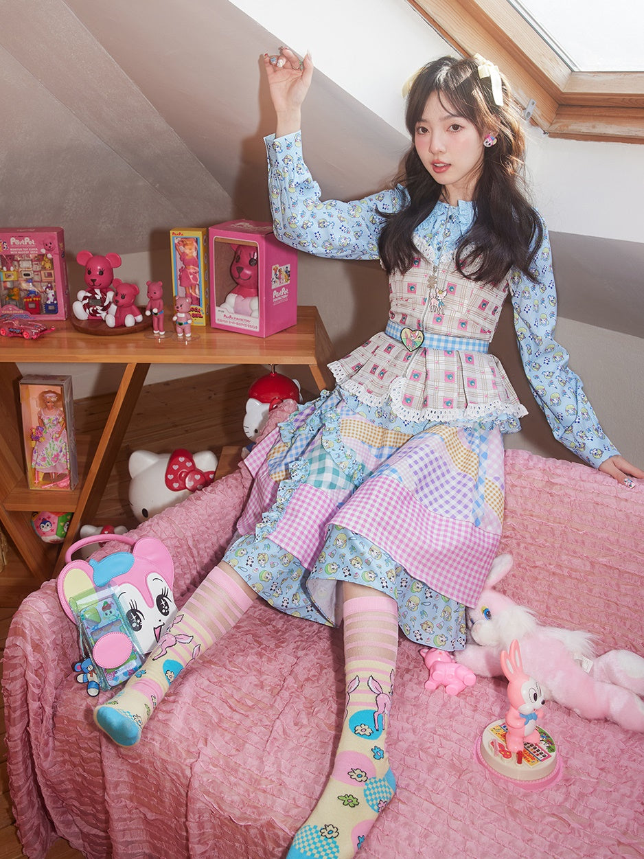 Plaid Stitching Ruffle Puff Skirt