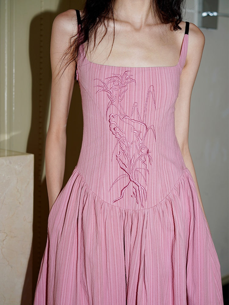 Embroidered Long Backless Sling Dress