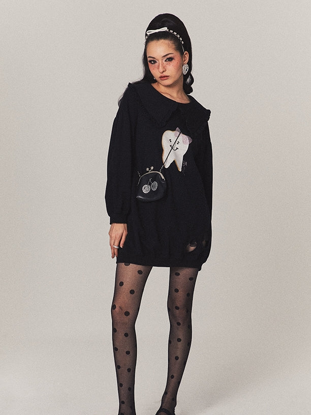 Teeth Oversize Damage Frill Casual Pop Pullover