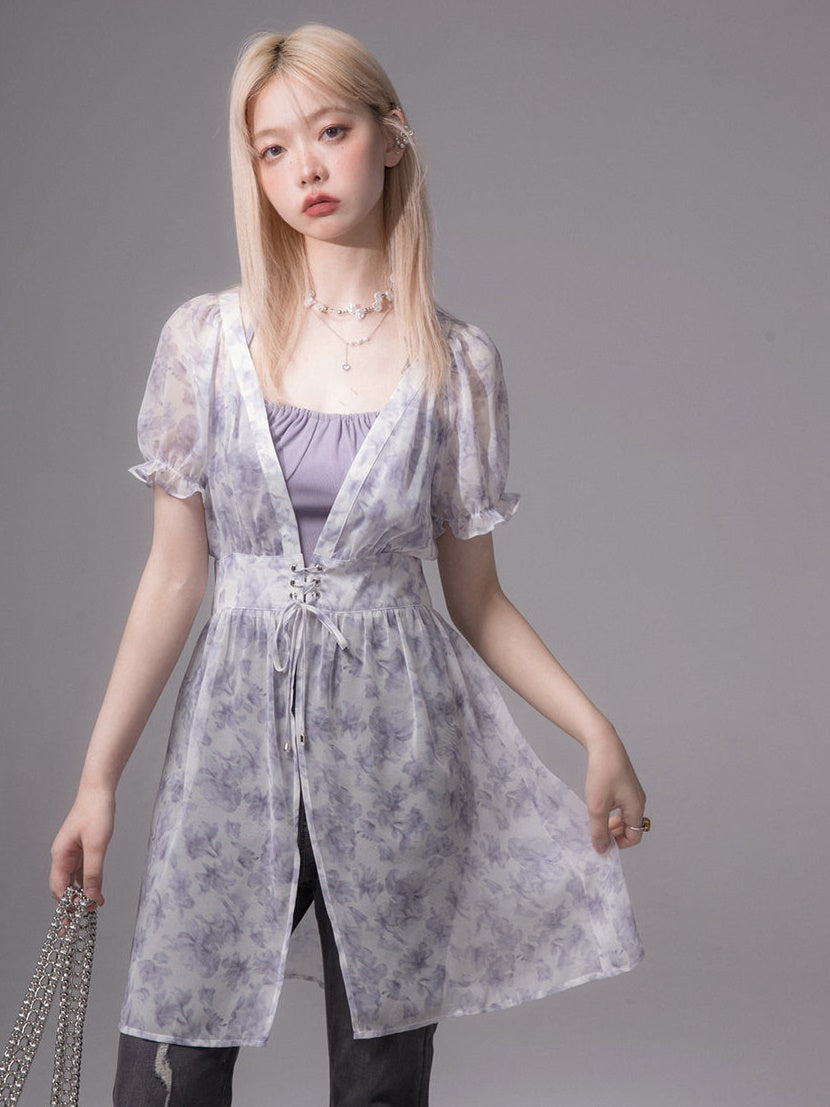 Romantic Transparent Floral Shirt & Camisole Set-up