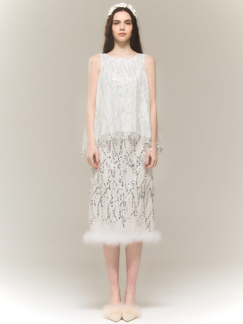 SEQUINED MESH IRREGULAR BLOUSE & SEQUINED SKIRT