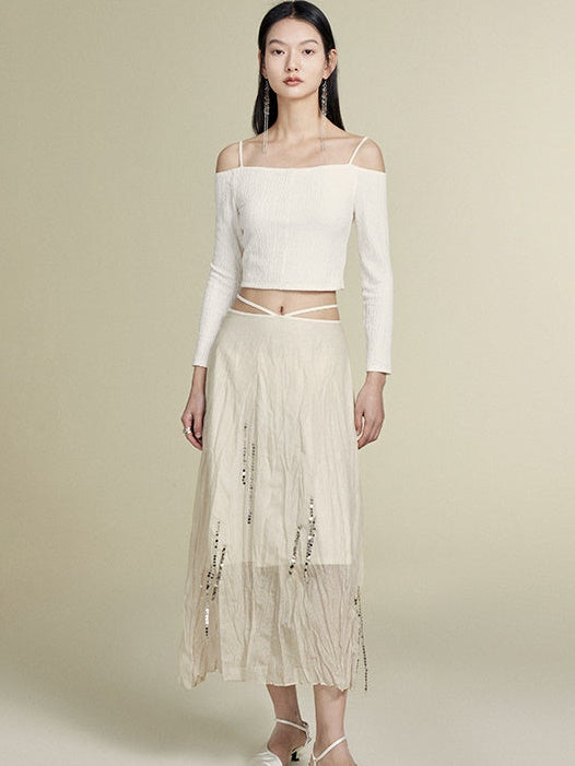 Silver Chain Decoration Sheer Wrinkled Skirt