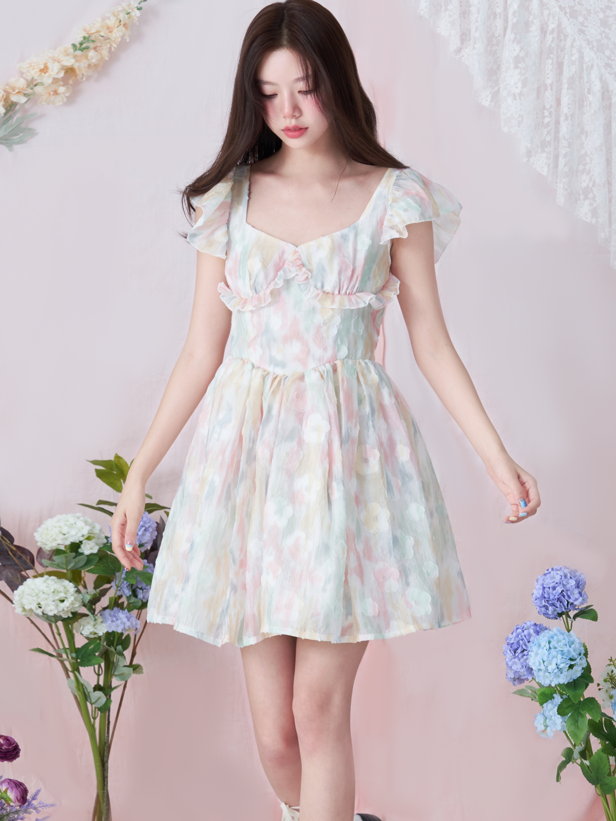 넥타이 염색 프릴 달콤한 꽃 원피스