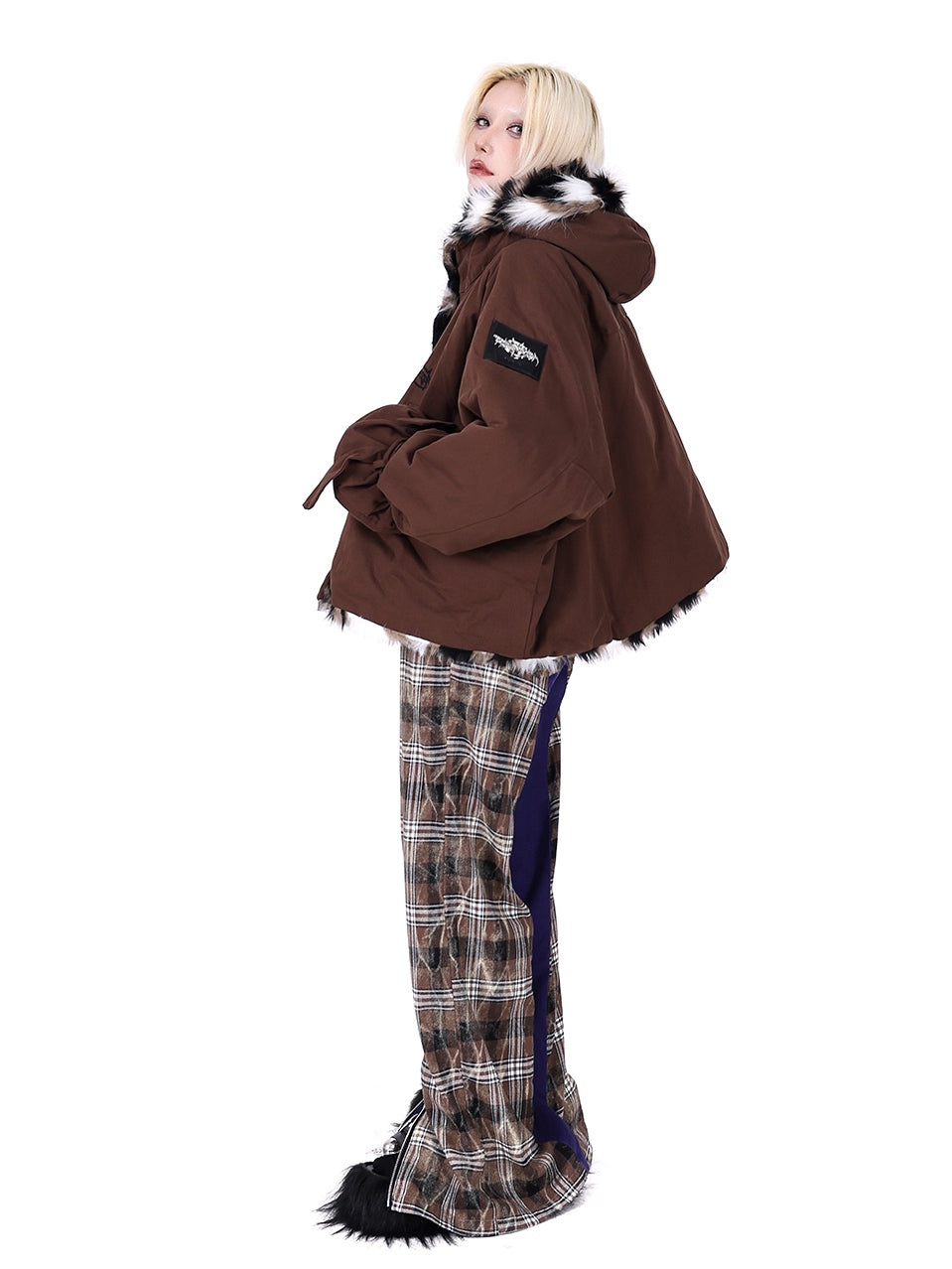 Zipper Stitching Plaid Wide-Leg Pants