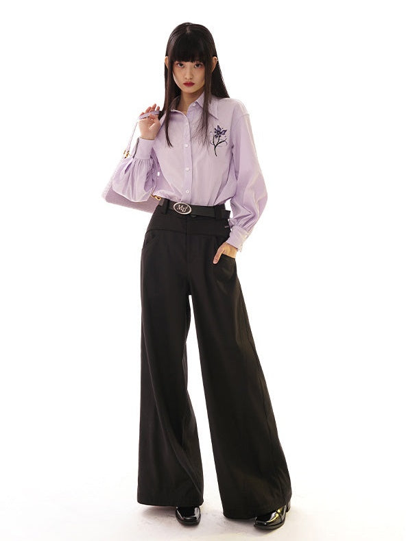 높은 허리 드레이프 넓은 다리 바지