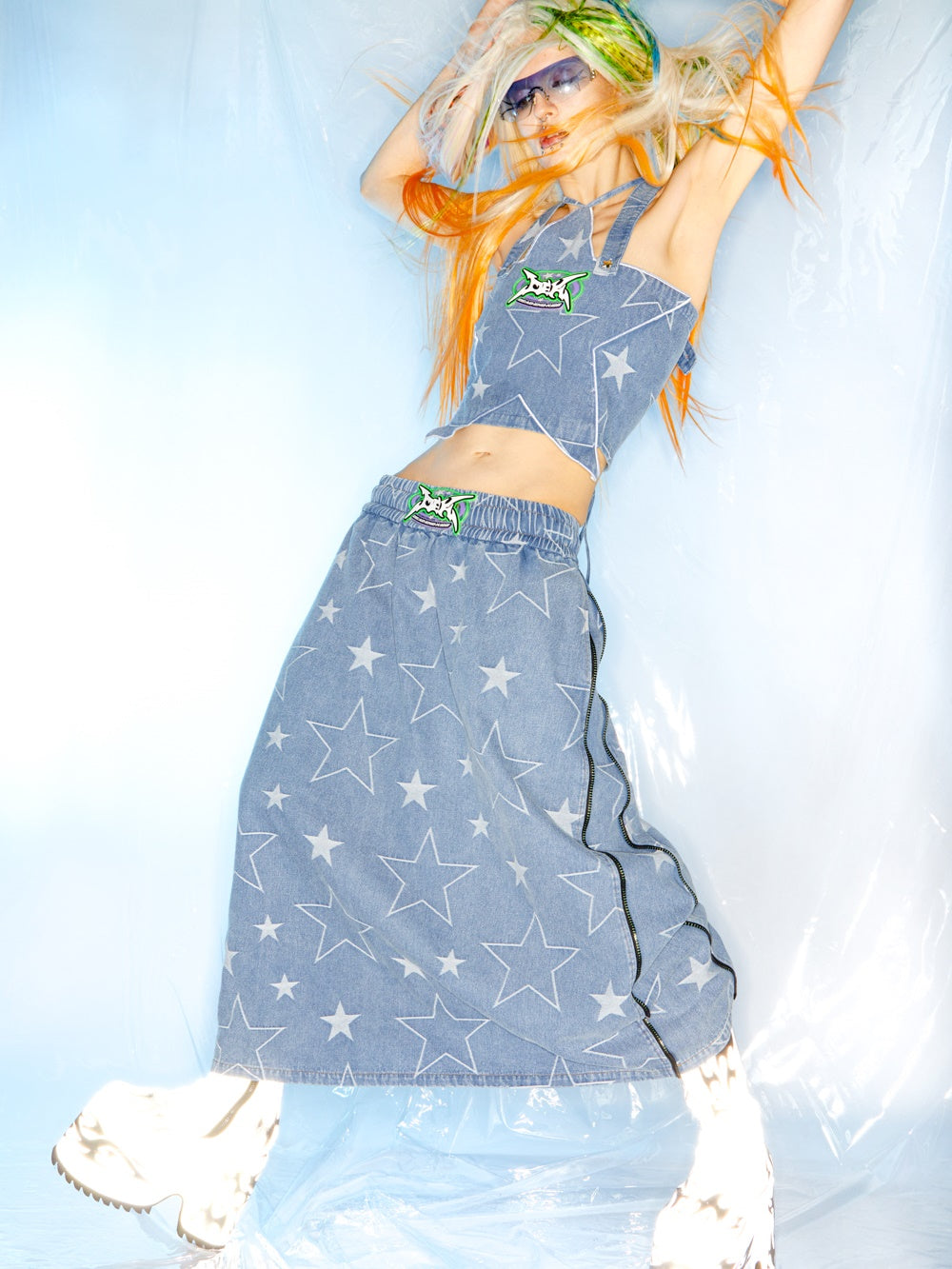 스타 사이드 지퍼 느슨한 A- 라인 데님 스커트