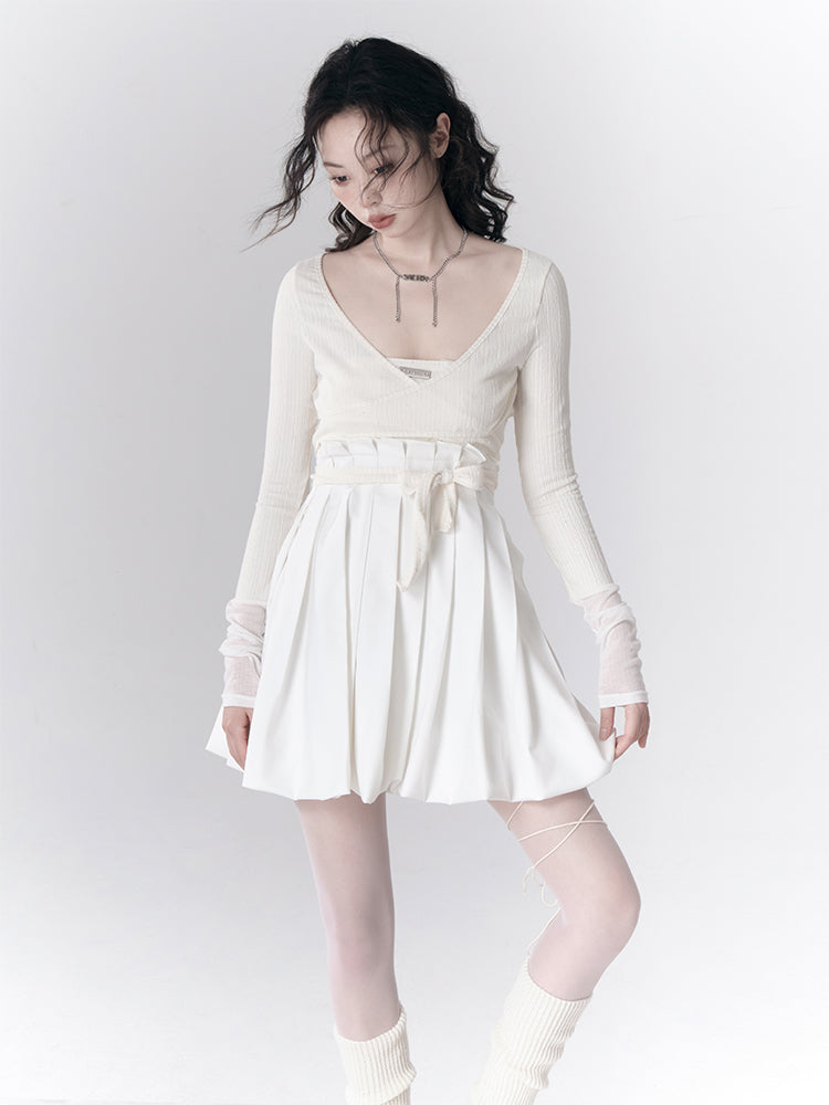 COLOR-MATCHED STRAPPY KNITTED SHORT TOP & ASYMMETRY SKIRT