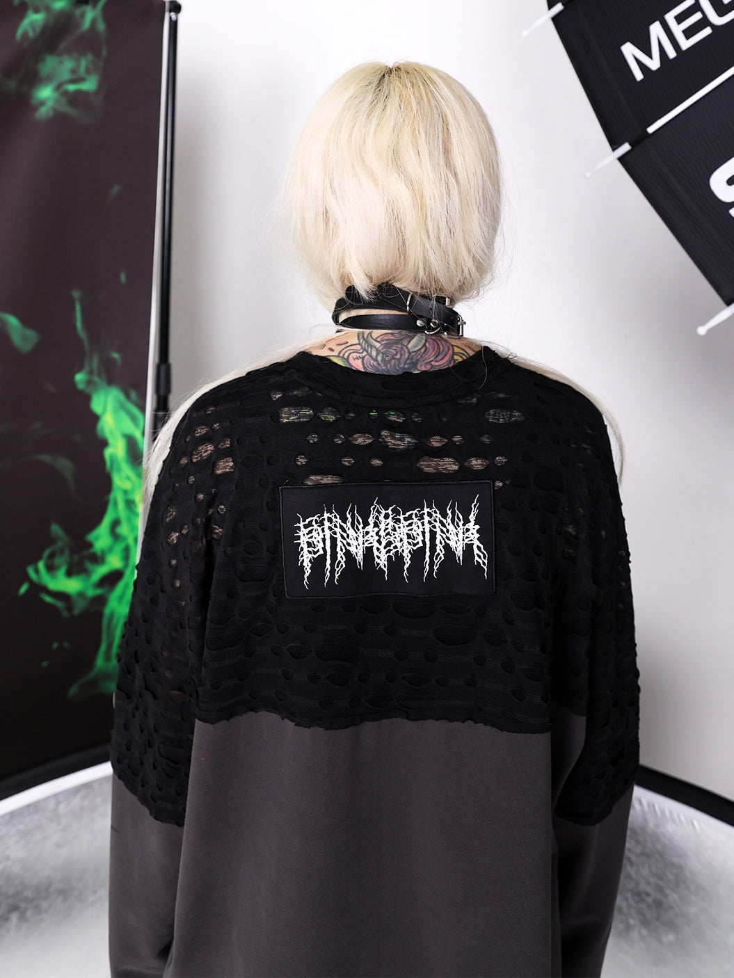 Stacked Stitching Hole Graffiti Long-sleeved T-shirt