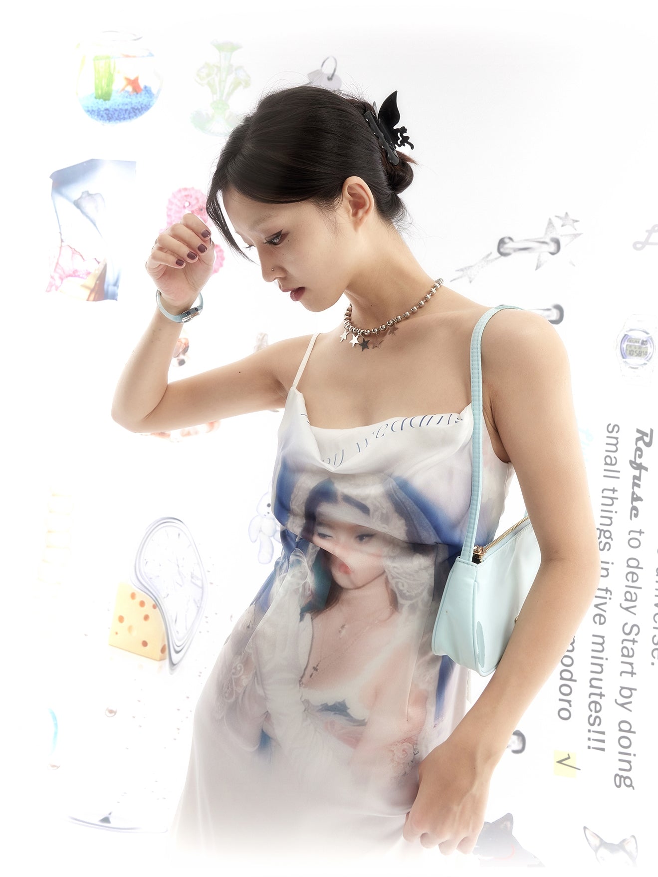 초상화 인쇄 비대칭 헴 슬립 드레스