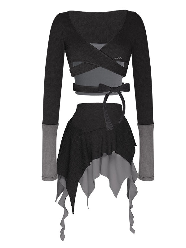 COLOR-MATCHED STRAPPY KNITTED SHORT TOP & ASYMMETRY SKIRT