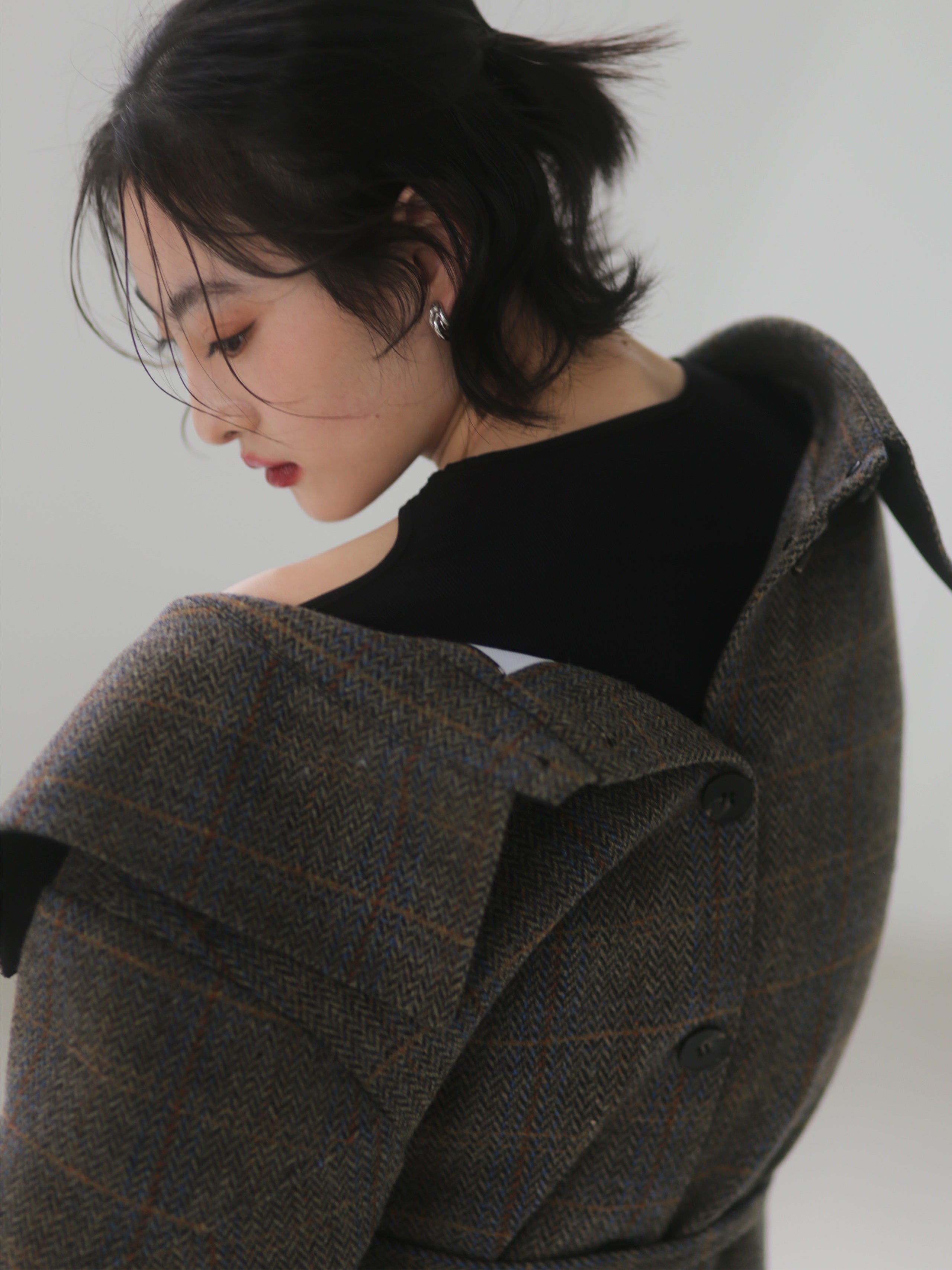 THREE-DIMENSIONAL GENEROUS COLLAR PLAID WOOL LONG COAT
