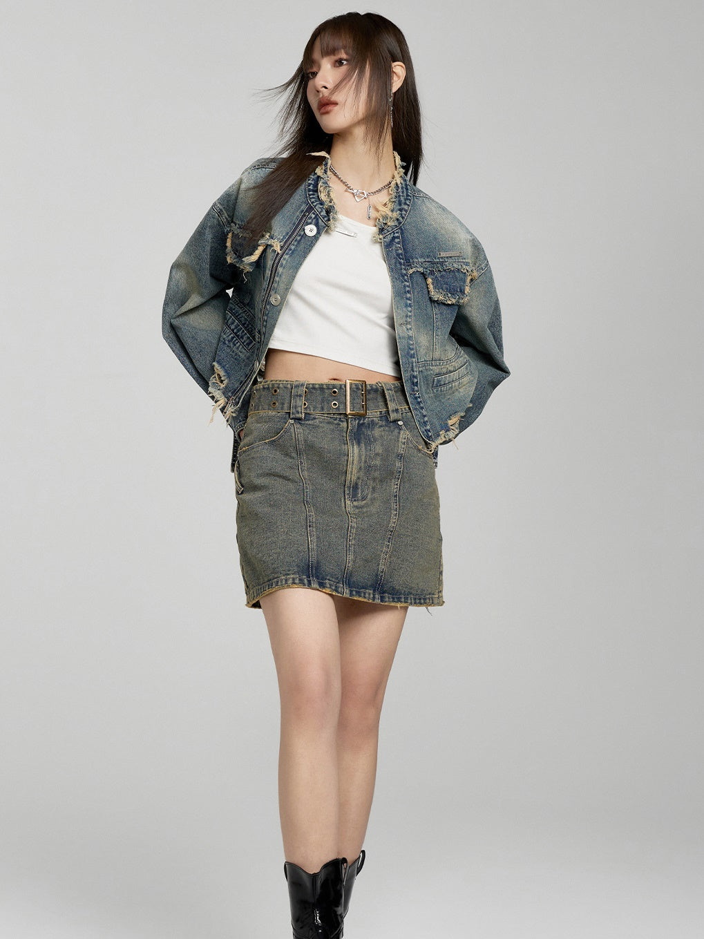 High -Waisted Split a -line Denim Skirt