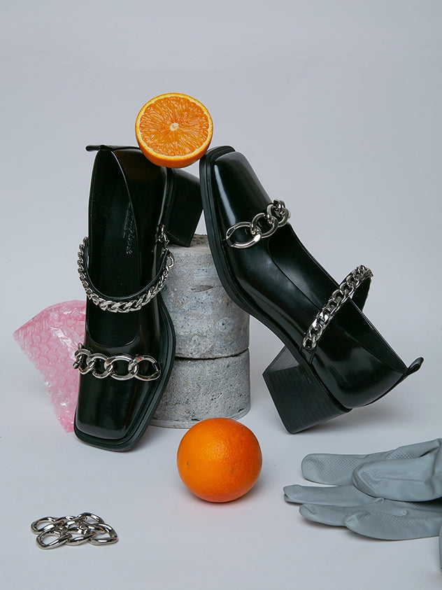 Chain Square-toe Flare-heel Pumps