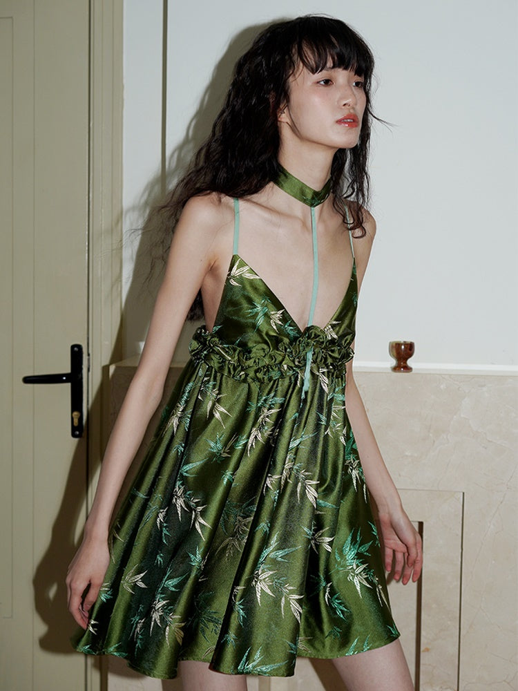 New CHINESE STYLE JACQUARD HALTER NECK SUSPENDER Dress