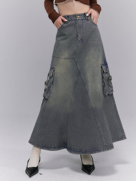 Washed Old Denim A-Line Long Skirt