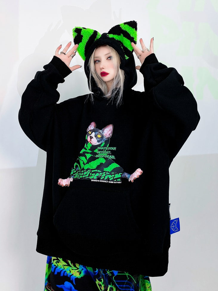 얼룩말 패턴 고양이 귀 인쇄 후드 파카