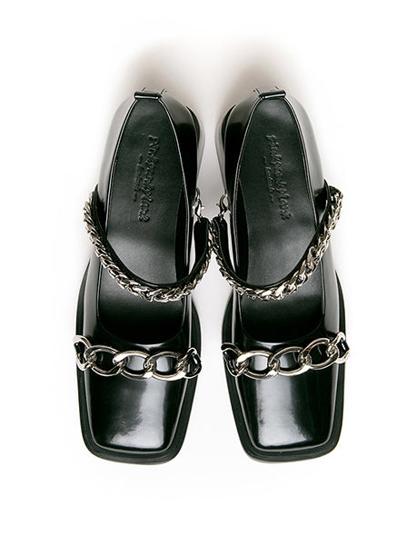 Chain Square-toe Flare-heel Pumps