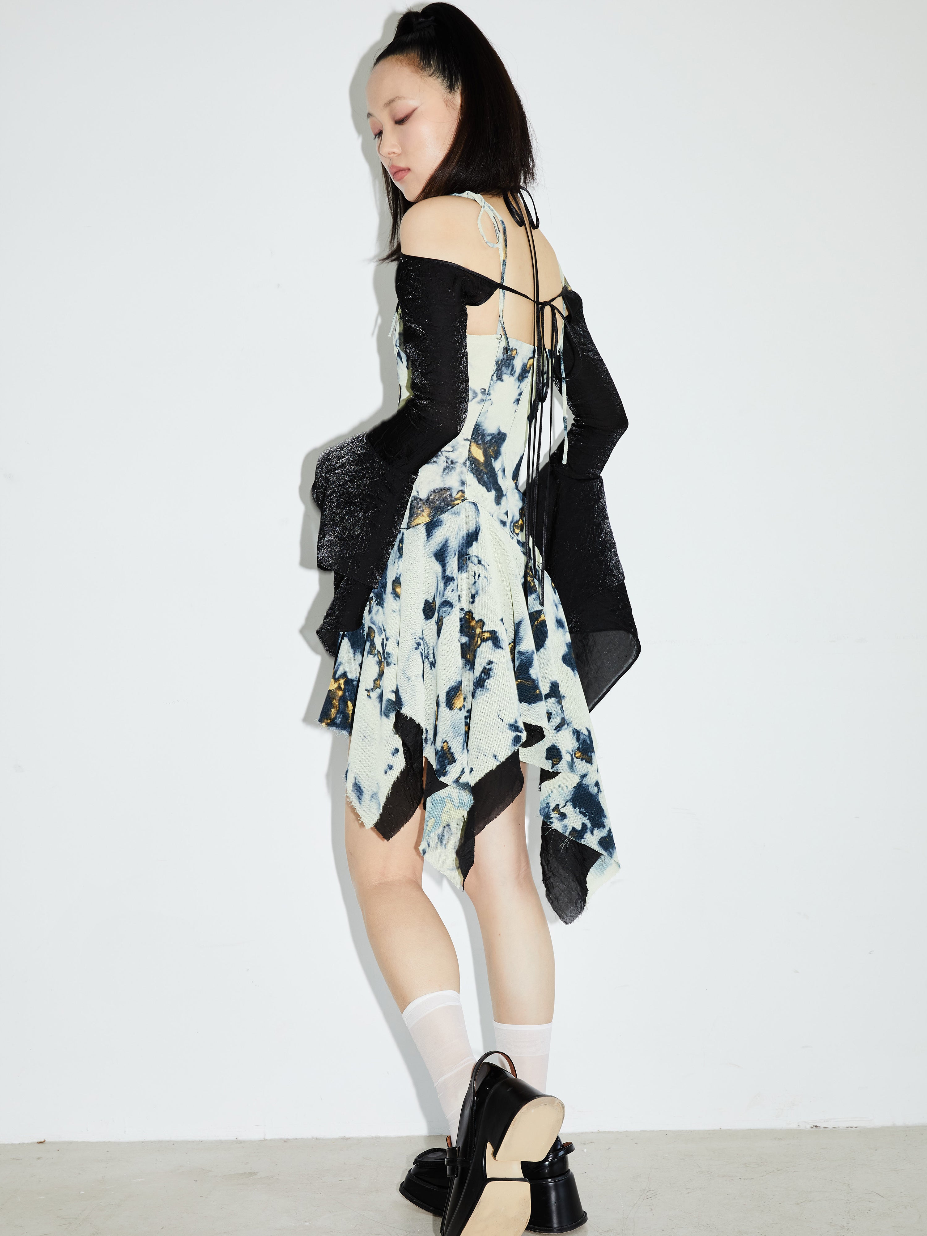 Print Retro Stitching High Waist Irregular Dress