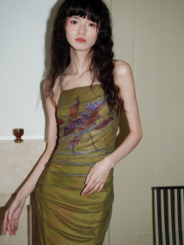 중국 인쇄 메시 긴 뒤쪽 드레스