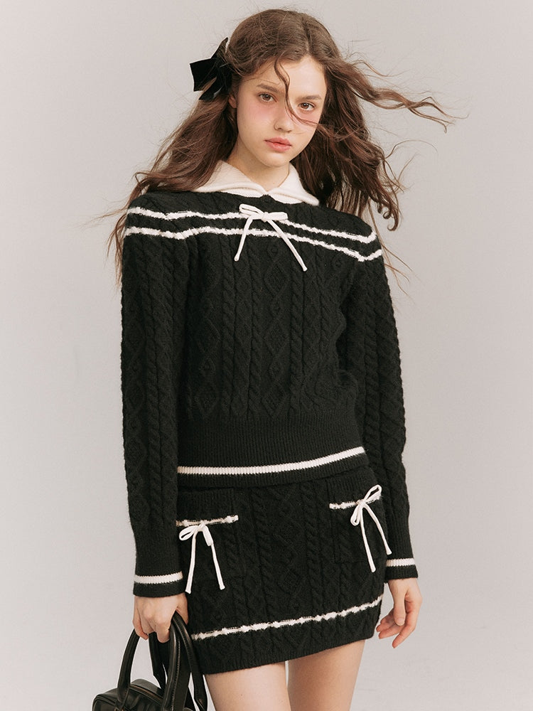 케이블 니트 대비 색상 스웨터 및 스커트