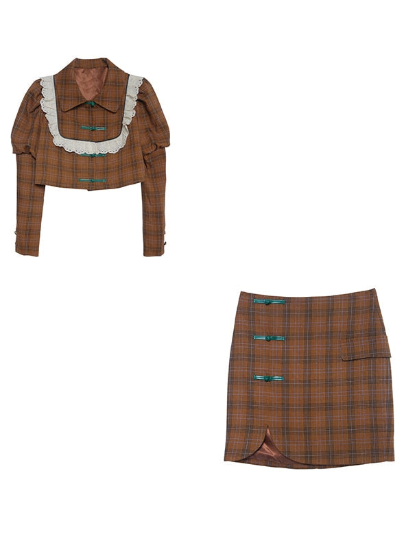 중국 버클 격자 무늬 짧은 재킷 및 스커트