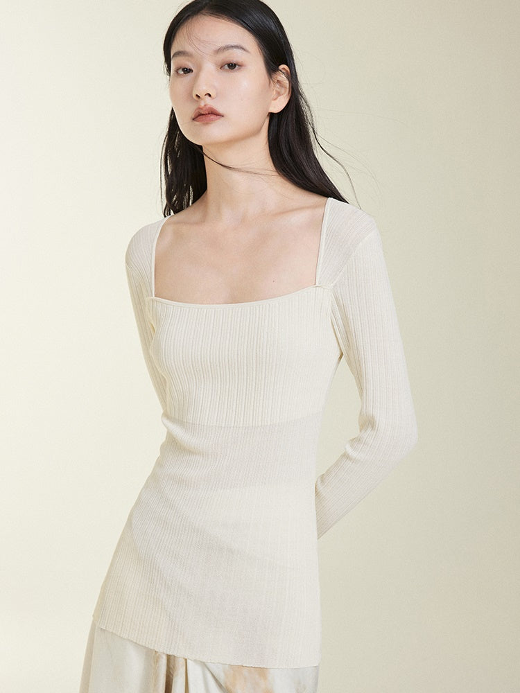 Square Collar Stitching Long-sleeved T-shirt