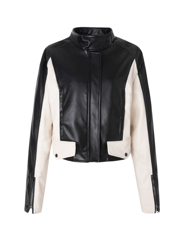 Contrast Color Stand Collar Short Leather Jacket