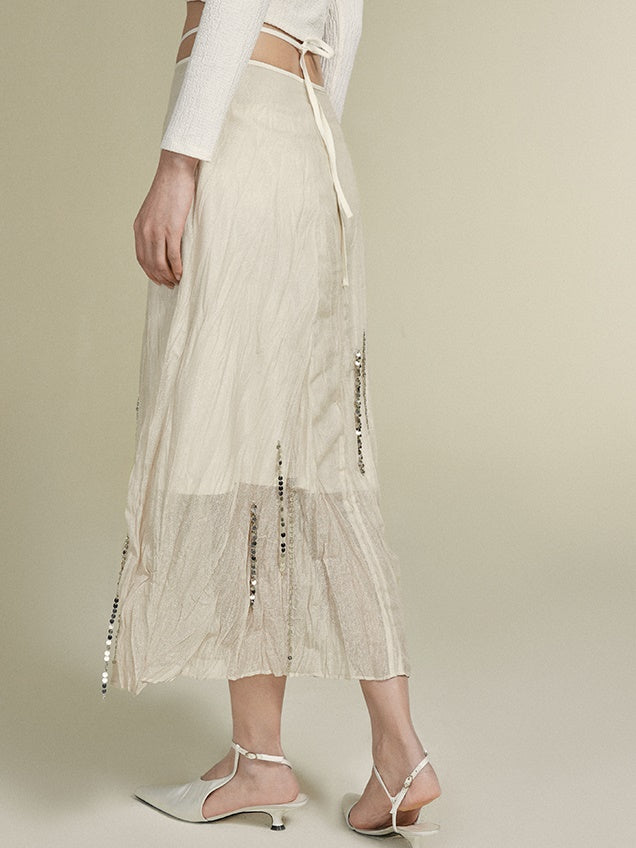 Silver Chain Decoration Sheer Wrinkled Skirt