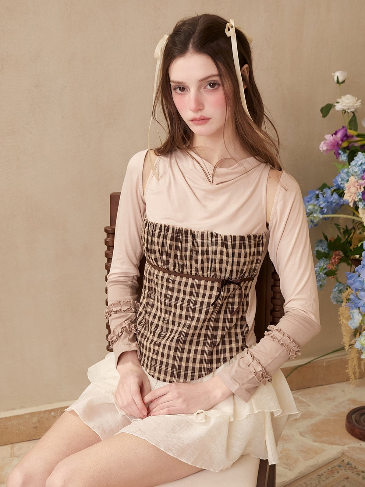 Plaid Splicing Sleevels Top & Short Cardigan