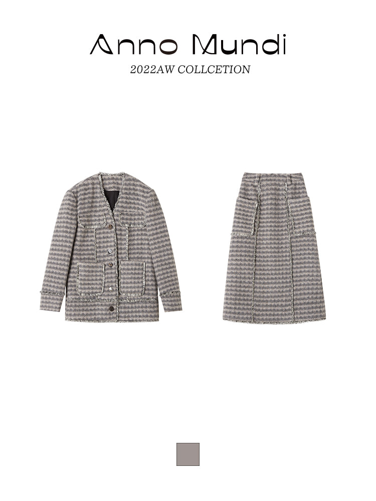 Checked Retro Wool Jacket & Skirt Set-UP