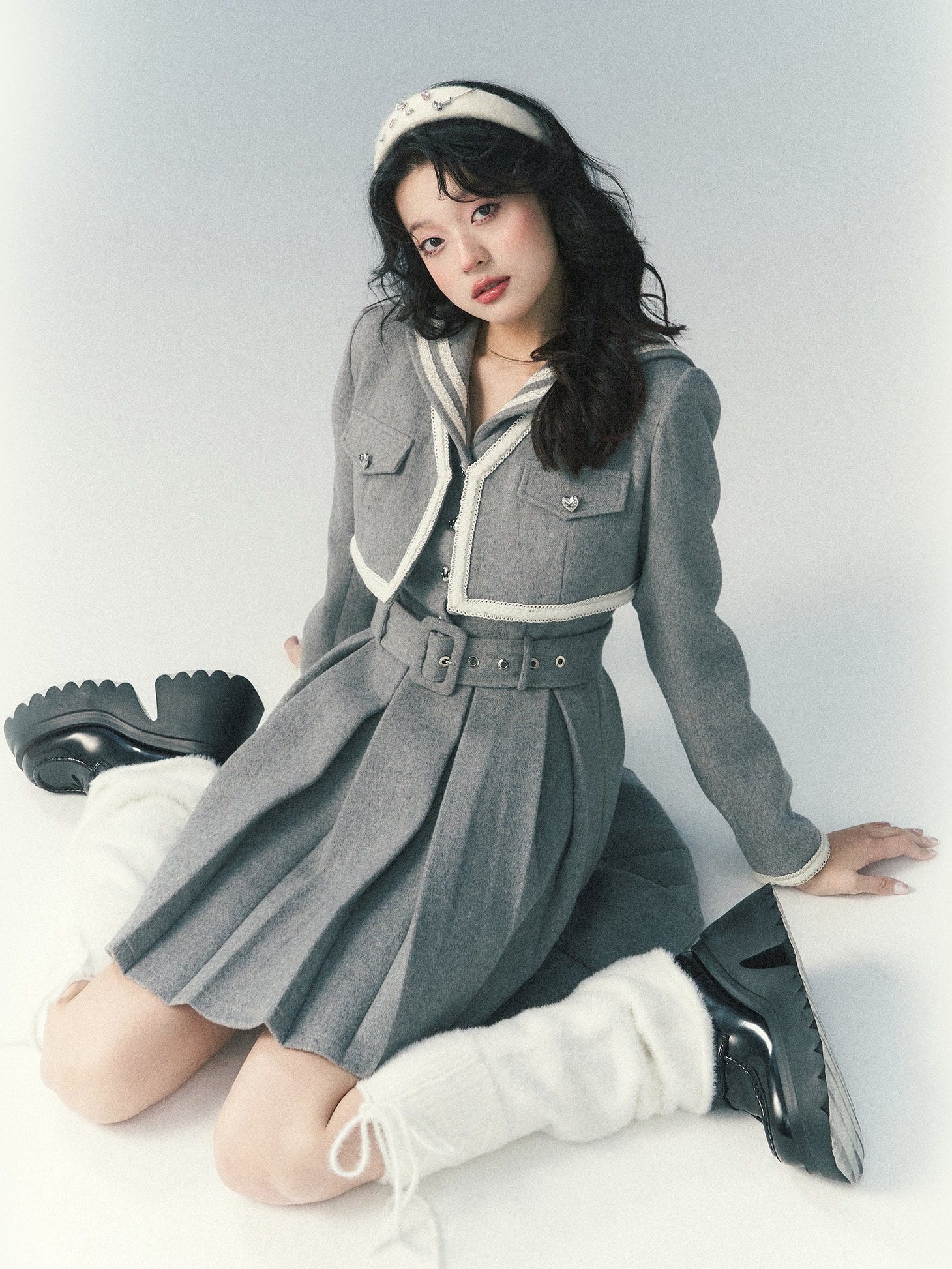 Navy Collar Pleated Dress & Short Jacket