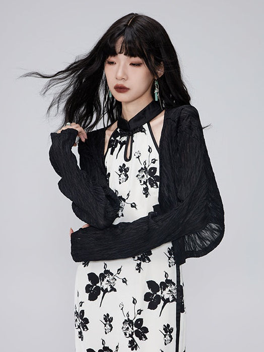 중국 스타일의 인쇄 된 슬리브 스 드레스 & 카디건 셔츠