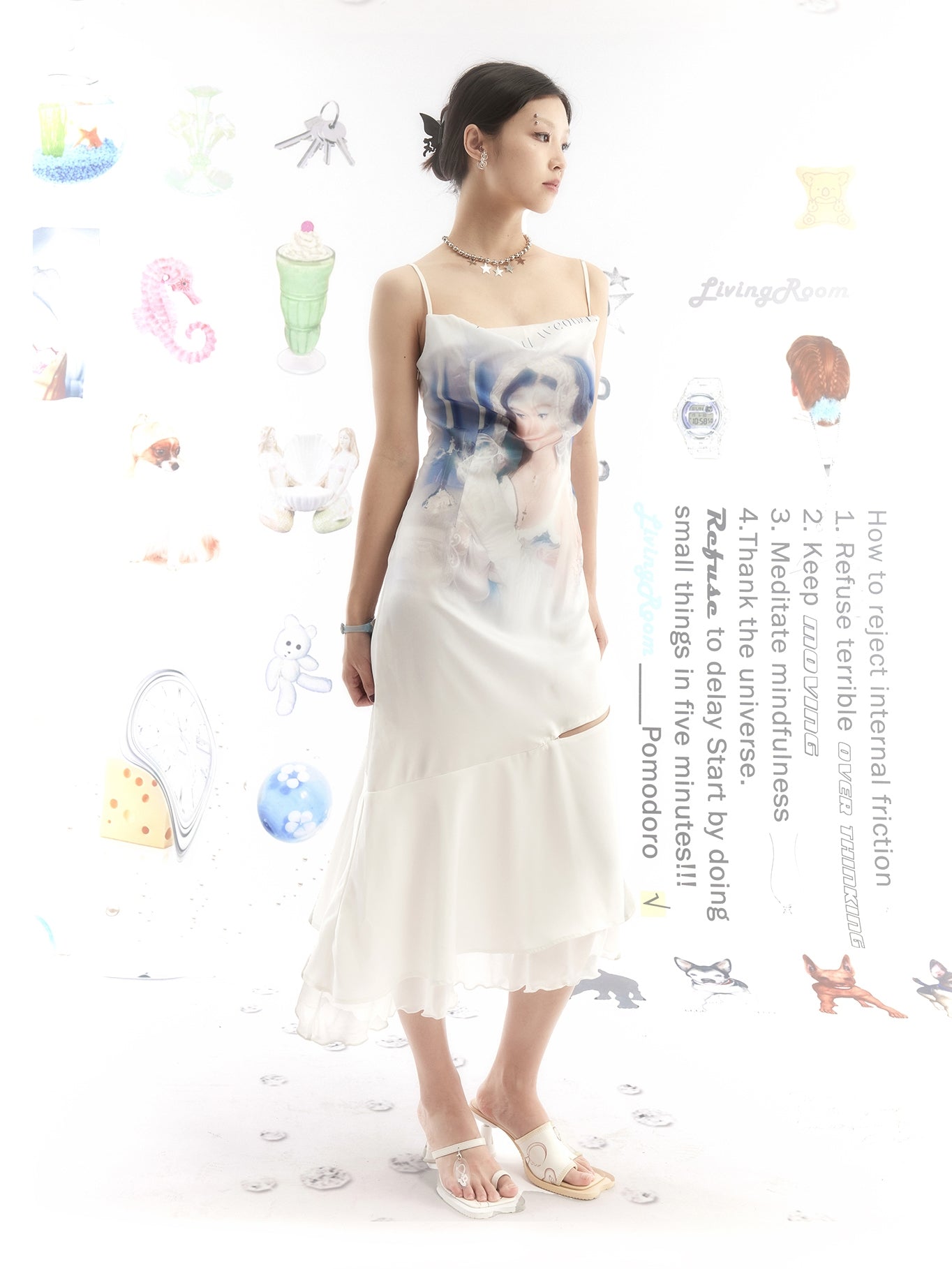 초상화 인쇄 비대칭 헴 슬립 드레스