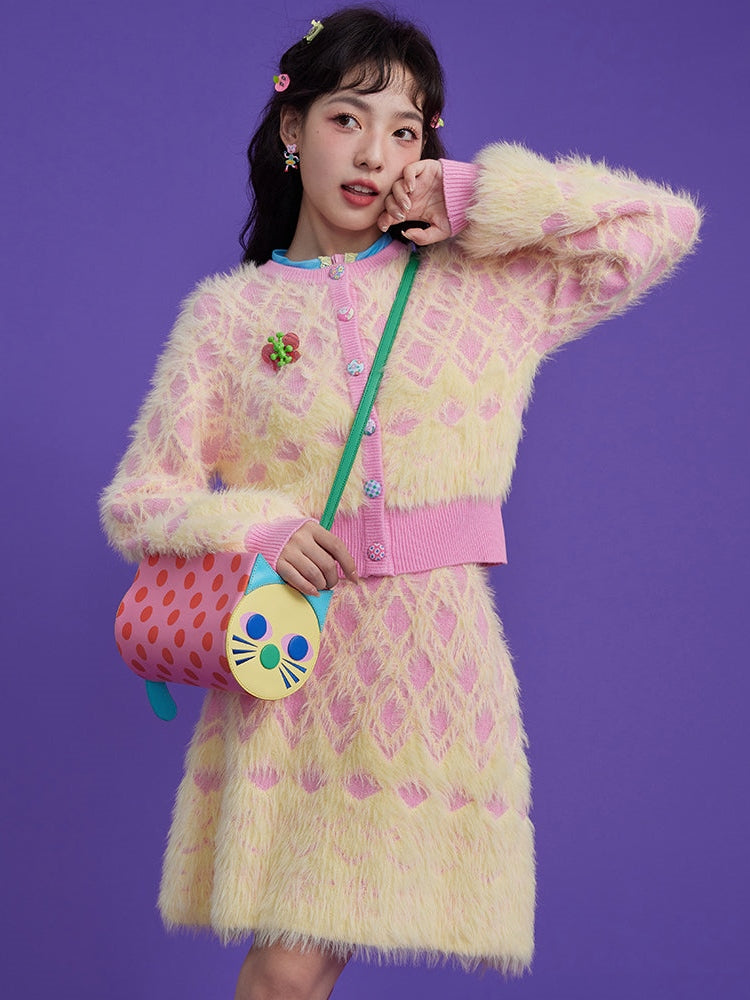Diamond Check Plush Cardigan & Knitted Skirt