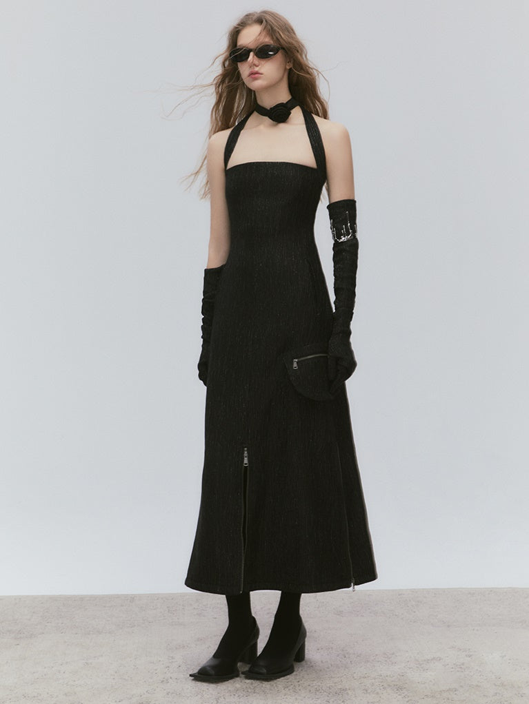 Hanging Neck Zipper Waist Strap Dress