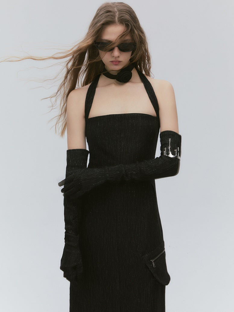 Hanging Neck Zipper Waist Strap Dress