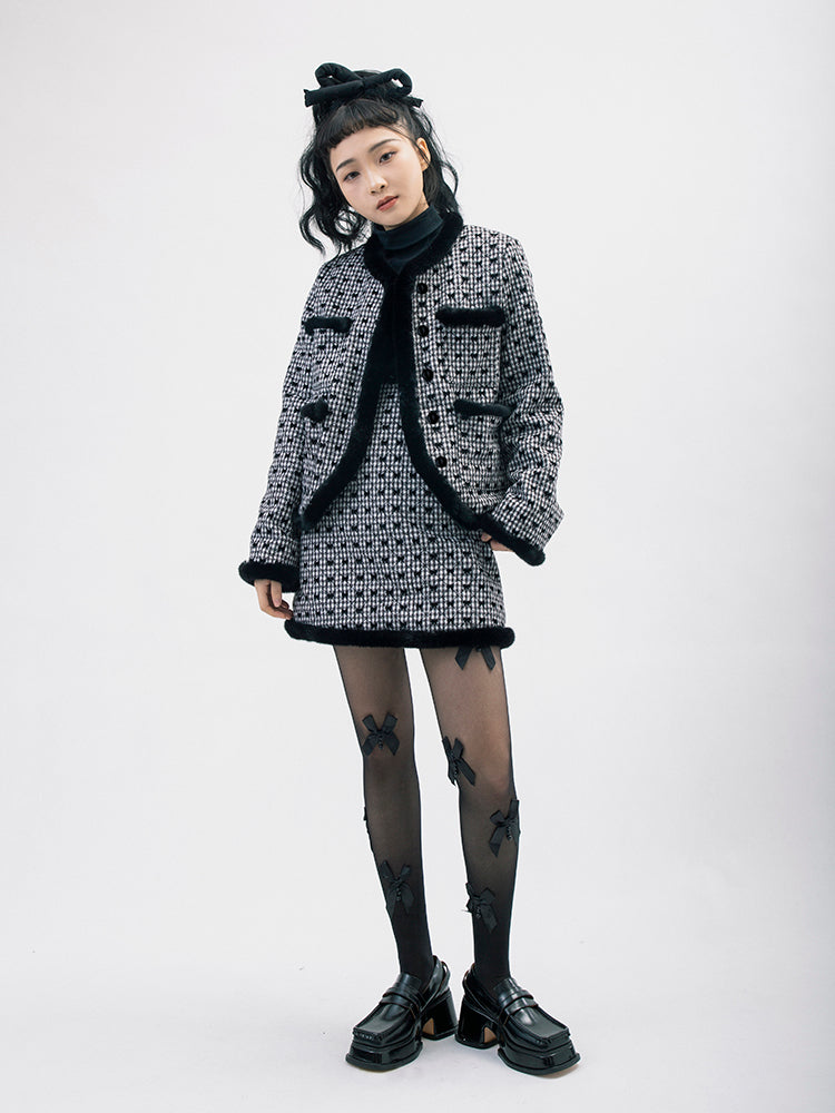 Wool Fur Ribbon Girly Suit Jacket & Skirt