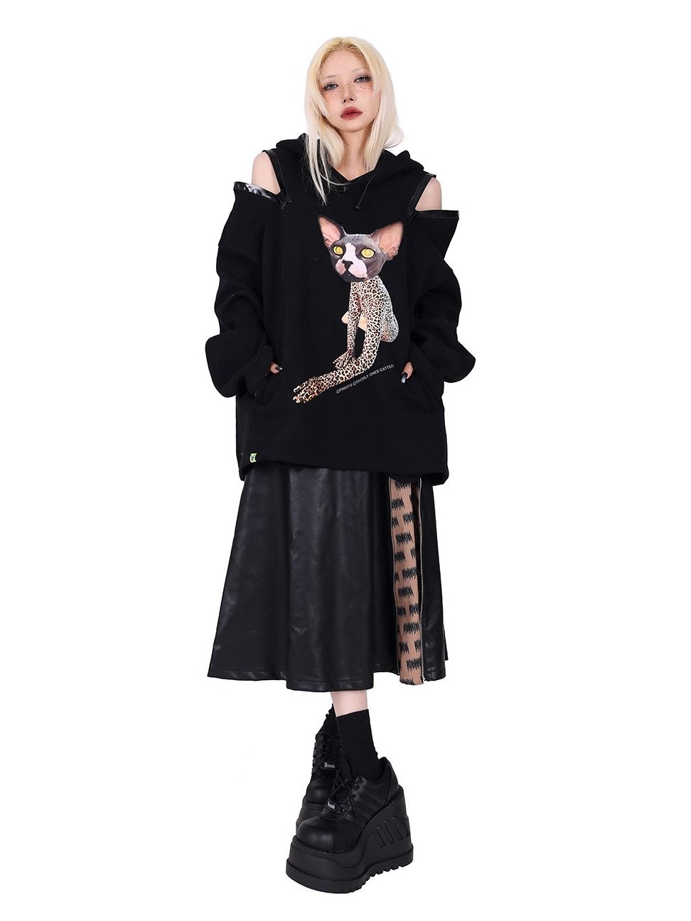 Zipper Contrast Color Leather Skirt