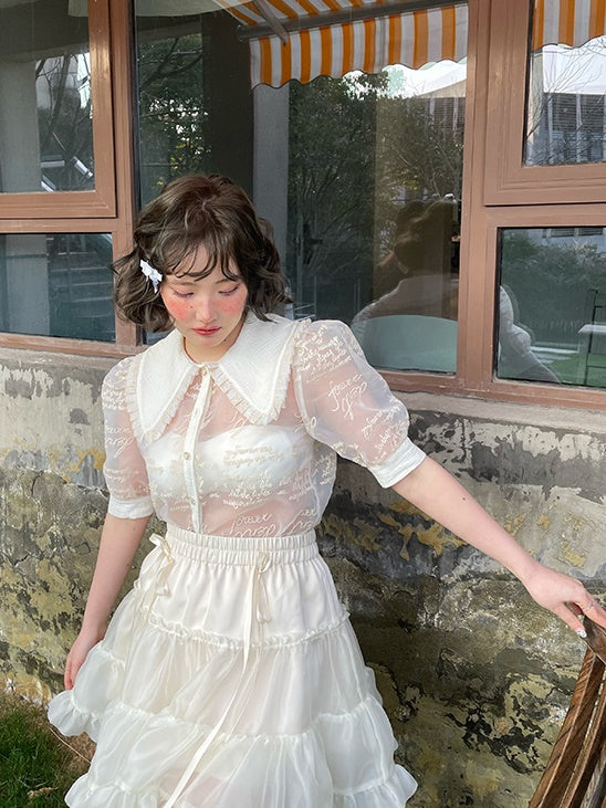 Blouse transparente à manches bouffantes à broderie