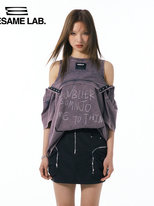 LOOSE Letter Print Shoulder Snap Button T-Shirt