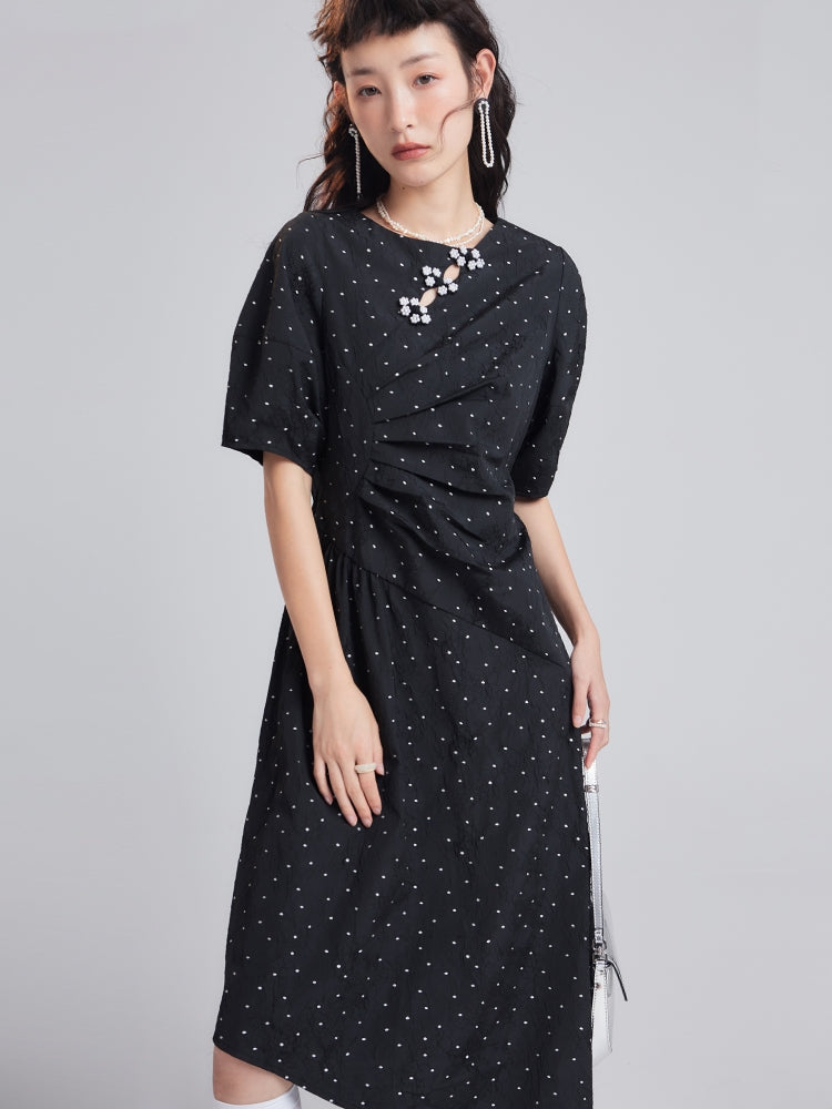 구슬 꽃 Jacquard Polka Dot Irregular Dress