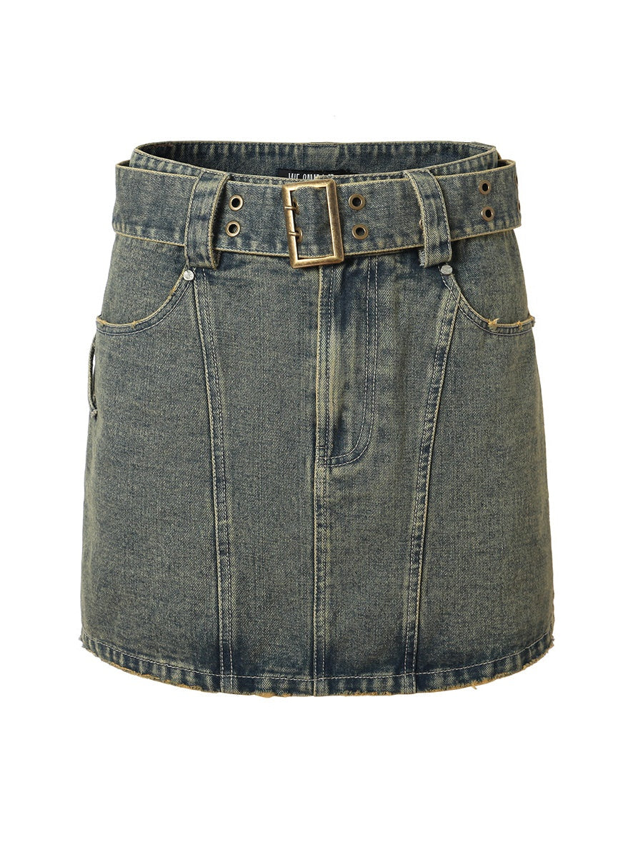 High -Waisted Split a -line Denim Skirt