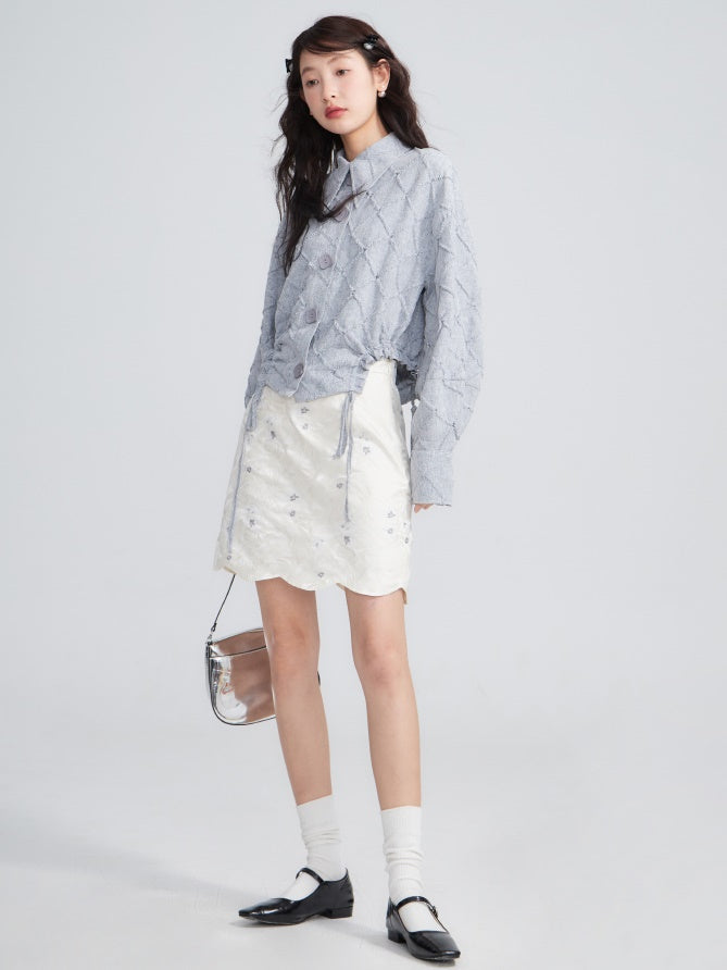 Rhombus Textured Waist Drawstring Short Shirt